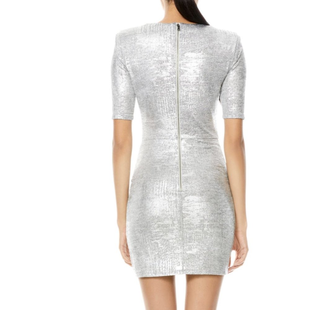 Alice + Olivia Silver Metallic Ruched Delora Mini Dreee - Picture 2 of 5